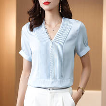 2021 Summer Real Silk Women Shirt Elegant Fashion V-neck Short Sleeve Solid Blouse Buttons Natual Silk Office Lady Tops Blouses 2024 - buy cheap