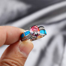 Anel boho feminino de opala de fogo azul, anel prateado vermelho azul oval compromisso amor de noivado para mulheres 2024 - compre barato