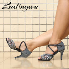 Ladingwu-zapatos de baile latino para mujer, calzado de satén negro con purpurina y diamantes de imitación, para salón de baile, suave 2024 - compra barato