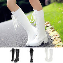 LIN KING Big Size 48 Retro Warm Plush Women Lace Up Long Boots Solid Winter Knee Hign Boots Slim Square Heel Lady Platform Boots 2024 - buy cheap