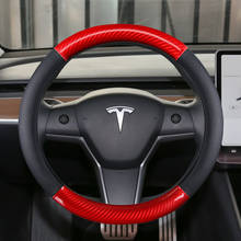 Cuero genuino + fibra de carbono para Tesla modelo 3, modelo Y, modelo X, Modelo S, 38CM, cubierta de volante de coche, accesorios interiores 2024 - compra barato