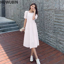 2021 New Large Women's Round Neck Summer Cotton Hemp Back Bow Loose Sweet Medium Long Short Sleeve Dress 2024 - buy cheap