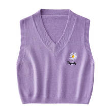 Colete suéter feminino sem mangas, pulôver de malha com decote em v com letras e flores impressas para outono e inverno 2024 - compre barato