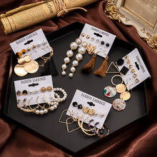 Conjunto de pendientes de perlas para mujer, aretes largos de oro geométricos Grandes Vintage, joyería de moda para mujer 2020 2024 - compra barato