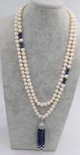 freshwater pearl near round white and blue lapis lazuli tassel 8-9mm necklace wholesale beads 45inch  nature unique clasp 2024 - buy cheap