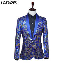 Men's Red Blue Sequins Shawl Collar Suits Jacket Stage Performance Blazers Vintage Embroidery Tuxedo Coat Evening Party Costume 2024 - buy cheap