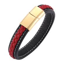 Pulseira de couro masculina, acessórios de moda para homens, pulseira de couro vermelha e preta, fecho magnético de aço inoxidável dourado, pulseira de couro punk sp0218 2024 - compre barato