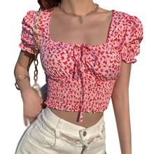 Women's Butterfly Print Square Collar Blouses Puff Sleeve Sweet Sexy Exposed Navel Short Sleeve Shirts 2024 - buy cheap