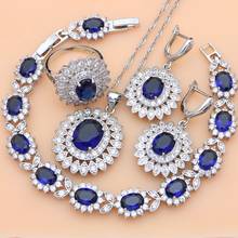 Conjuntos de joias oval prata 925 com zircônia azul, pingente, colar, anel, pulseira, brinco, feminino, natural 2024 - compre barato