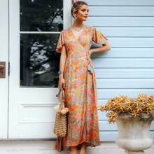 BOHO INSPIRED Ruffles orange floral long boho dress wrap V-neck short sleeve rayon summer dress sexy women beach dress 2020 new 2024 - buy cheap