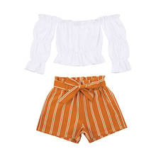 Girl's Clothing Set  Long Sleeve Off Shoulder Tops and Stripe Shorts Two-piece Suit for Birthday Party Vacation 2024 - buy cheap