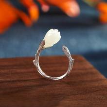 New silver original inlaid natural Hetian white jade orchid temperament Chinese retro niche design women opening adjustable ring 2024 - buy cheap