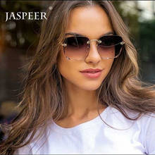 JASPEER Rimless Rectangle Sunglasses Women Men Fashion Driving Sun Glasses Cutting Trimming Wave Lens Shades Sunglasses 2024 - buy cheap