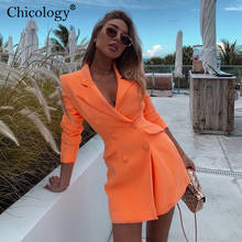 Chicology neon pocket double breasted blazer long sleeve slim elegant coat jacket women 2019 autumn winter lengthen windbreak 2024 - buy cheap