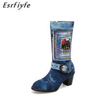 ESRFIYFE 2020 New Denim Boots for Women Mid-rise Rome Large Size Shoes Woman Chunky High Heels Mid-calf Boots Chaussures Femme 2024 - buy cheap