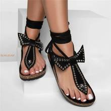 Women Summer Flat Sandals Shoes Woman PU Leather Bohemia Bow With Fashion Rivet Sandalias Big Size 34-43 Mujer Sapato Feminino 2024 - buy cheap