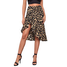 Women Casual Summer Bandage Wraps Leopard Printed Skirts Ladies Female High Waist Ruffles Asymmetric Midi Skirt Beach Clothes 2024 - buy cheap