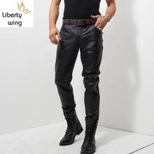 Calça masculina de zíper, calça de couro genuíno de meia-idade à prova de vento 2024 - compre barato