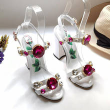 Phoentin-Sandalias de boda de cristal con estampado floral para mujer, zapatos de tacón alto grueso, con correa en el tobillo, color blanco, para verano, FT1515, 2021 2024 - compra barato