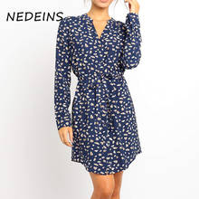 NEDEINS Women Print Sexy V-neck Mini Dress 2020 Summer Casual Long Sleeve Floral Shirt Dress Woman Party Night Plus Size Dresses 2024 - buy cheap