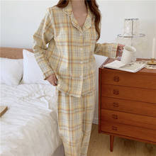 Conjunto de pijamas de algodón 100% para mujer, de 3 colores ropa de dormir, conjunto de 2 piezas a cuadros, camisa y pantalones para el hogar Y226 2024 - compra barato