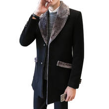 Fur Collar Trench Coat Men Wool Blend Winter Coat Slim Fit Men Manteau Homme Mid-Long Black Grey Mens Trench Coat Blue M~5XL 2024 - buy cheap