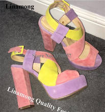Women Cute Peep Toe Suede Leather High Platform Chunky Heel Sandals Pink Yellow Purple Patchwork Buckle High Heel Sandals Shoes 2024 - buy cheap