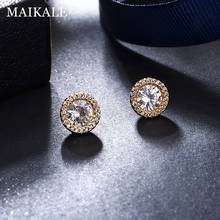 MAIKALE Classic Simple Stud Earrings Round Plated Gold Silver Color White AAA Cubic Zirconia Korean Earrings For Women Send Gift 2024 - buy cheap