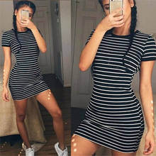 Summer Round Neck Striped long Short sleeve Black And White Striped Casual Elegant Sheath Slim Dress 2024 - buy cheap