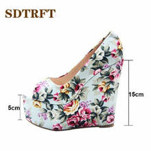 Sdtrft sapatos femininos de salto alto, novos, para festa flores, plataforma, mulheres, 15cm, cunha doce, stiletto plus: 34-42 43 2024 - compre barato