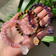 Reiki Healing Rock Mineral Stone Charm Beaded Natural Amethysts Tiger Eye Purple Pink Quartz Crystal Bracelets for Women Friends 2024 - buy cheap