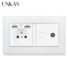 UNKAS-Panel de aluminio cepillado, enchufe estándar francés con 2 puertos de carga USB + conector hembra para TV y conector de teléfono RJ11 2024 - compra barato