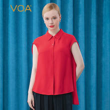 VOA 34m/m Heavy Silk 100% Coral Fashion POLO Collar Single-breasted Front Short and Back Long Straight Shirt BE393 Women Blouses 2024 - buy cheap