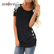 SEBOWEL 2020 Summer Women's Round Neck Striped Leopard Button Short Sleeve T-shirt Female Casual Plus Size Tee Top S-XXXL 2024 - buy cheap