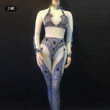 Macacão feminino azul sensual, peça única, com glitter, cristal, strass, traje de dança, boate, palco, bar, roupas 2024 - compre barato
