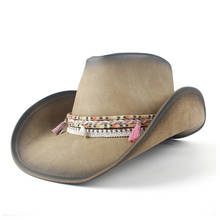 Cowboy retrô de couro, unissex, de aba larga, vintage, chapéu ocidental com trança de borla, pulseira de couro, tamanho 58-59cm 2024 - compre barato