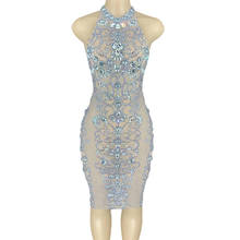 Vestido de malha sensual transparente para festa, vestido de cristal frente única com gola halter, vestido de festa club para clube, perspectiva, vestido de strass feminino 2024 - compre barato