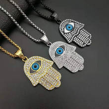 Men Hip Hop Bling Iced Out Rhinestones Gold Silver Color Stainless Steel Evil Eye Fatima Hand Pendant Necklace Amulet Jewelry 2024 - buy cheap