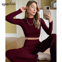 Free Shipping 2021 New Fashion Women's Knitted Sweater Two-piece O-neck Long Sleeve Short Pullover Top & Straight Pants Set 2024 - buy cheap