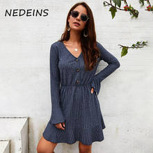 NEDEINS 2020 Women Long Sleeve Mini Dress Spring Autumn Solid Color Casual Ruffle Dress Fashion Snug Woman Dresses 2024 - buy cheap