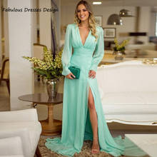 2021 Mint Long Sleeve Evening Dresses Sexy V-neck Backless Split Long A-line Prom Dress Sweep Train Robe De Soiree De Mariage 2024 - buy cheap