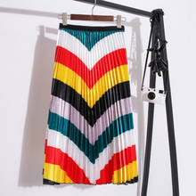 2019 Women Midi Skirts Bottom Korean Fashion Ladies Rainbow Printed High Waist Pleated Skirt For Women Female 2024 - buy cheap