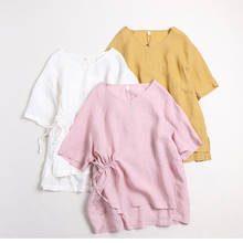 2020 New Summer Women Blouse Japan Style Mori Girl Solid Color Cotton and linen Shirt Loose Short Sleeve V-Neck Pullover Tops 2024 - buy cheap