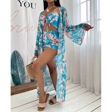 2021 New Arrival Famous Brand 3 pcs Women Set Print X-long Outwear and Bikini Shorts Summer Beach Outfits 2024 - buy cheap