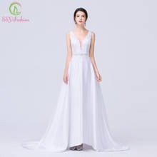 SSYFashion White Satin Evening Dress Sexy V-neck Backless Long Banquet Formal Gown Vestido De Noche Special Occasion Dresses 2024 - buy cheap