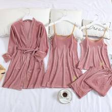 Conjunto de Pijamas de terciopelo para mujer, ropa de dormir suave y cálida, Sexy, camisón de manga larga con tirantes, traje de baño, 4 Uds. 2024 - compra barato