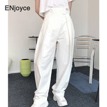 Повседневные белые женские брюки с завышенной талией, на липучке, свободные прямые брюки с широкими штанинами в Корейском стиле, новинка весны 2021 2024 - купить недорого