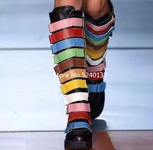 Colorido banda feminina joelho-botas altas dedo do pé redondo cor misturada camurça lado zip design europeu plana fundo grosso botas cavaleiro 2024 - compre barato