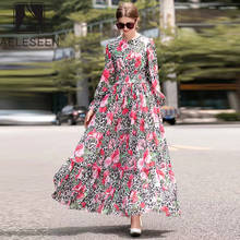 AELESEEN 2019 New Fashion Autumn Leopard Dresses Women Elegant Petal Sleeve Elastic Waist Vintage Rose Floral Print Long Dress 2024 - buy cheap
