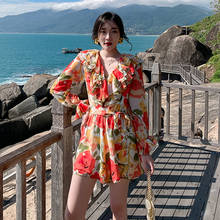 new arrival fashion korean spring mini dress women casual temperament sweet print chiffon v-neck ruffle belt holiday beach dress 2024 - buy cheap